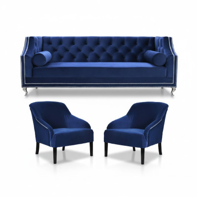 Fauteuil Chesterfield bleu XXL en tissu, groupe de canapés Chesterfield en tissu bleu.