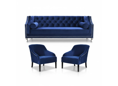 Fauteuil Chesterfield bleu XXL en tissu, groupe de canapés Chesterfield en tissu bleu.