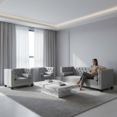Ensemble de canapés Gray Chesterfield Fauteuil Luxe Tissu Meubles Salon neuf