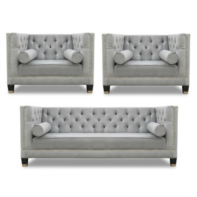 Ensemble de canapés Gray Chesterfield Fauteuil Luxe Tissu Meubles Salon neuf