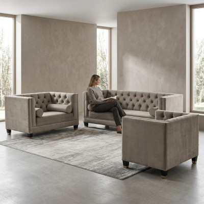 Ensemble de canapé beige Chesterfield Fauteuil Fauteuil de luxe Tissu Textile Mobilier de salon neuf