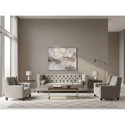 Ensemble de canapé beige Chesterfield Fauteuil Fauteuil de luxe Tissu Textile Mobilier de salon neuf