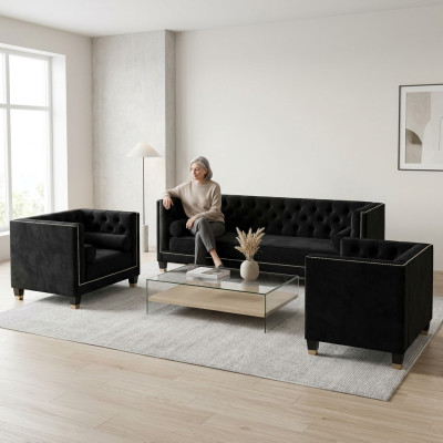 Ensemble de canapé de salon noir Chesterfield Fauteuil trois places 3 pièces