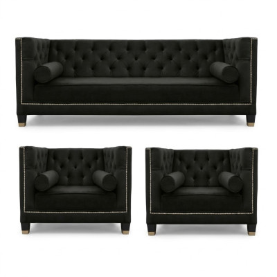 Ensemble de canapé de salon noir Chesterfield Fauteuil trois places 3 pièces