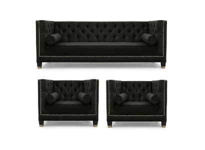 Ensemble de canapé de salon noir Chesterfield Fauteuil trois places 3 pièces