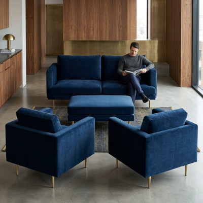 Groupe de canapés Siège Fauteuil Tabouret Mobilier Textile Tissu Bleu Deux places Salon neuf