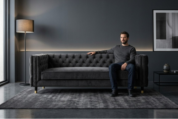 Canapé Chesterfield noir grand - Meubles de luxe 4 places - Canapés en tissu textile