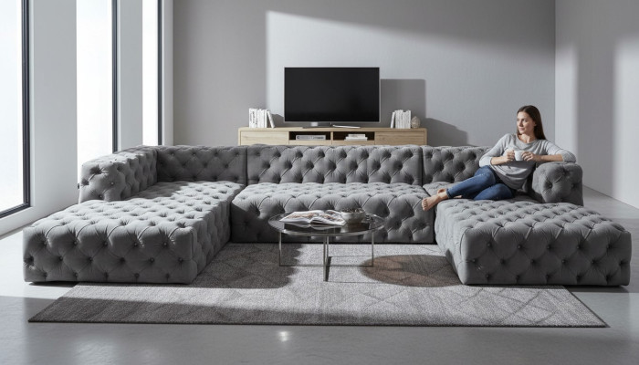 Canapé en U Chesterfield Gris XXL Grand Canapés en Tissu De Luxe Rembourrage de Meubles