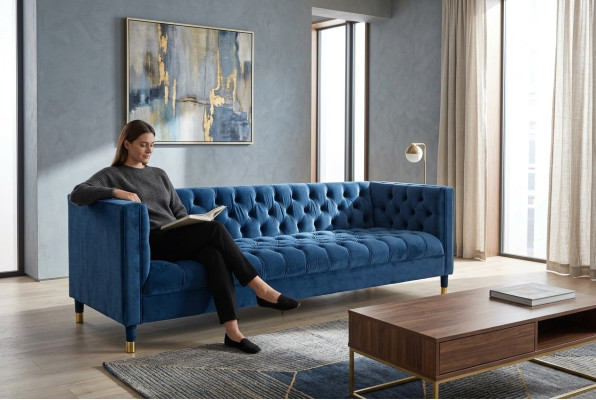 Canapé Chesterfield bleu et canapés en tissu créatifs 4 places.