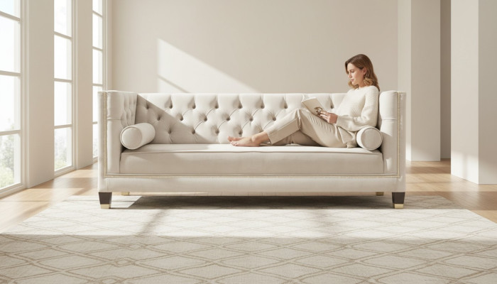 Luxueux canapé trois places en velours beige Chesterfield pour hôtel salon pratique.