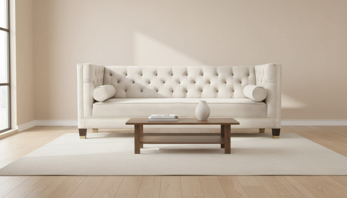 Luxueux canapé trois places en velours beige Chesterfield pour hôtel salon pratique.
