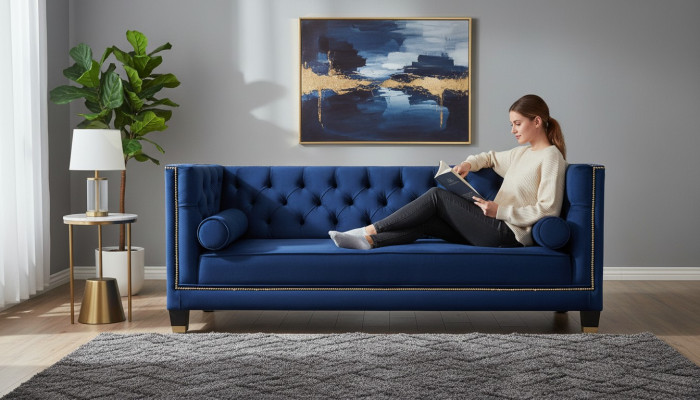 Chesterfield bleu Trois places Canapés en tissu Design pour le salon