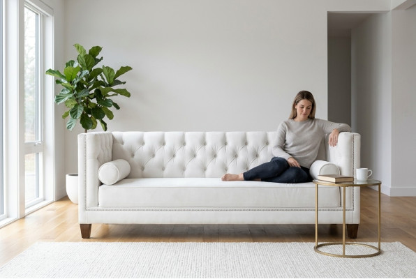 Un canapé blanc en tissu à trois places pour le salon, avec des canapés en tissu ou en cuir et un canapé Chesterfield.