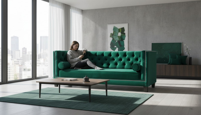 Luxueux canapé trois places en velours vert Chesterfield pour hôtel et salle de séjour.