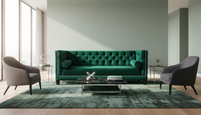 Luxueux canapé trois places en velours vert Chesterfield pour hôtel et salle de séjour.
