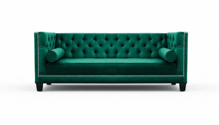 Luxueux canapé trois places en velours vert Chesterfield pour hôtel et salle de séjour.
