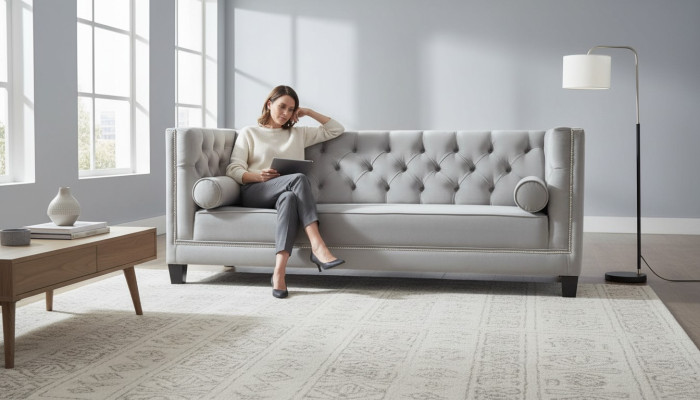 Canapé 3 places en velours Chesterfield gris luxueux pour hôtel salon pratique