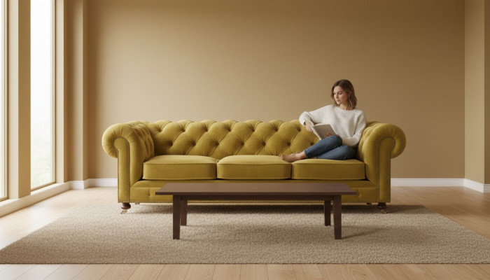 Luxueux canapé trois places en velours Chesterfield jaune pour hôtel salon pratique.