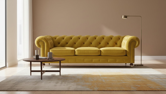 Luxueux canapé trois places en velours Chesterfield jaune pour hôtel salon pratique.