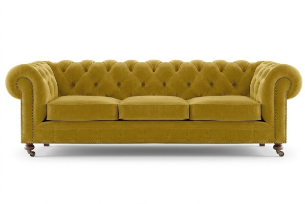 Luxueux canapé trois places en velours Chesterfield jaune pour hôtel salon pratique.