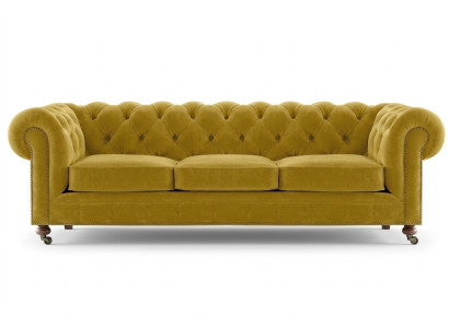 Luxueux canapé trois places en velours Chesterfield jaune pour hôtel salon pratique.