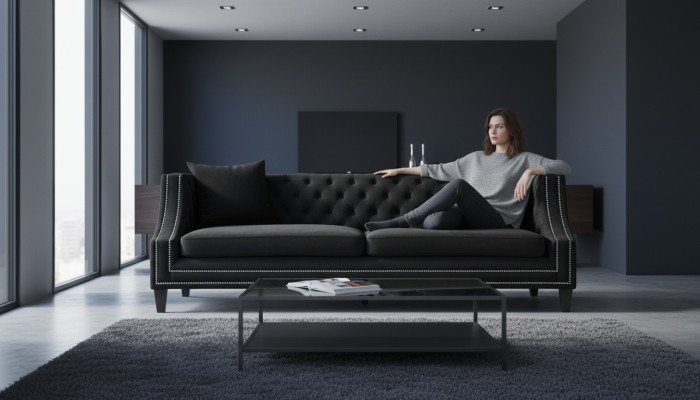 Canapé de luxe en tissu noir trois places Meubles rembourrés de velours pour hôtel Salon de pratique