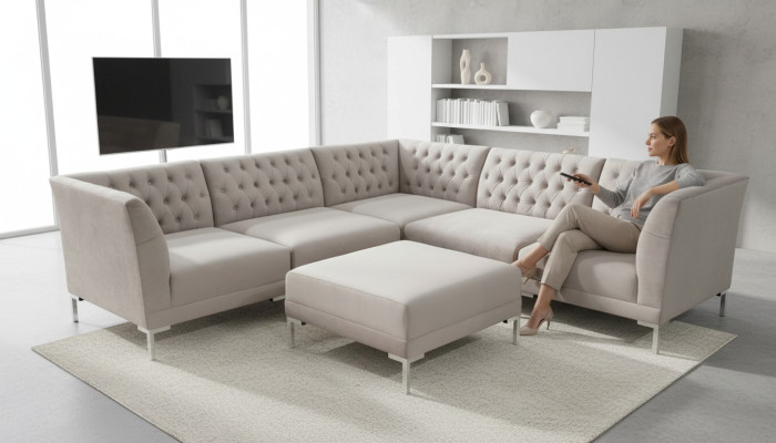 Canapé d'angle Chesterfield Tabouret 2 pièces. Ensemble Textile Tissu Canapés Canapés Suite d'angle neuf.