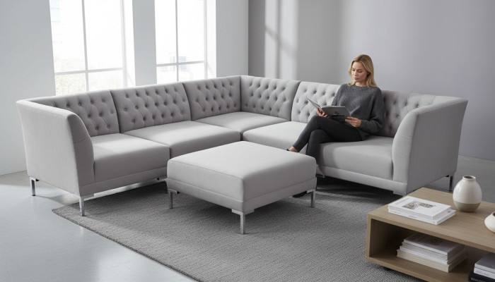 Canapés Chesterfield gris mobilier de luxe nouveau Canapé d'angle Tabouret gris Grand tissu textile