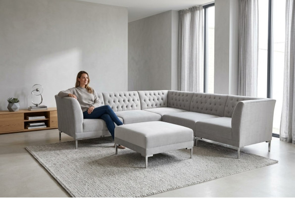 Canapé d'angle Tabouret Gris Grand Tissu Textill Chesterfield Sofas Mobilier Pouf Canapés