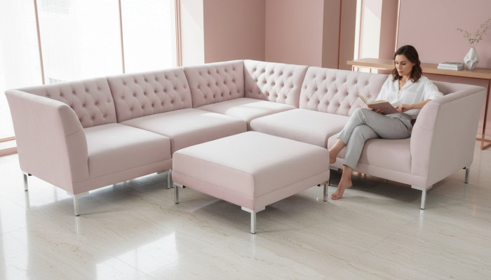 Canapé d'angle rose Tabouret Canapés Chesterfield Meubles xxl Gros Canapés en tissu Textill 2 pièces