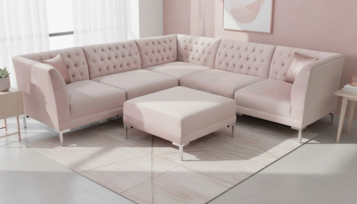 Canapé d'angle rose Tabouret Canapés Chesterfield Meubles xxl Gros Canapés en tissu Textill 2 pièces