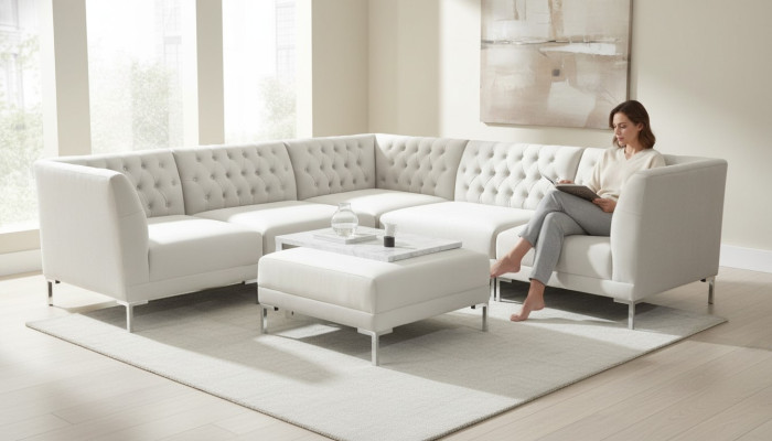 Canapé d'angle Tabouret Crème Blanc Grand Tissu Textill Chesterfield Canapés Meubles de Luxe 2 pièces.
