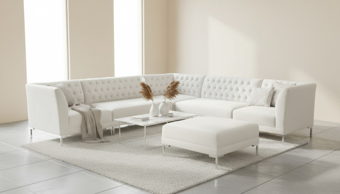 Canapé d'angle Tabouret Crème Blanc Grand Tissu Textill Chesterfield Canapés Meubles de Luxe 2 pièces.