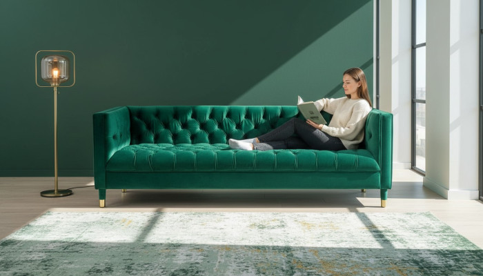 Vert Trois Places Tissu Chesterfield Design Canapés Tapisserie Canapé Salon 230cm