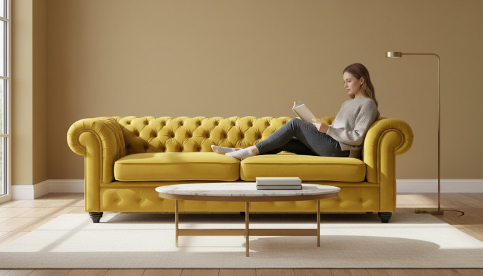 Canapé jaune avec Boutons Chesterfield Sofa Rembourrage Siège Canapés Canapés de luxe neufs