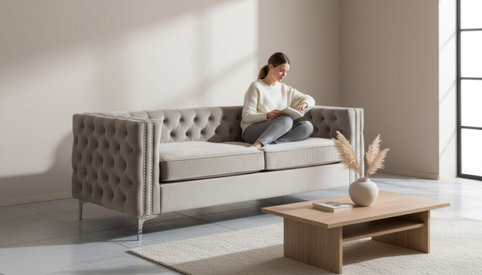 Chesterfield canapé trois places en textile moderne en velours pour le salon de luxe