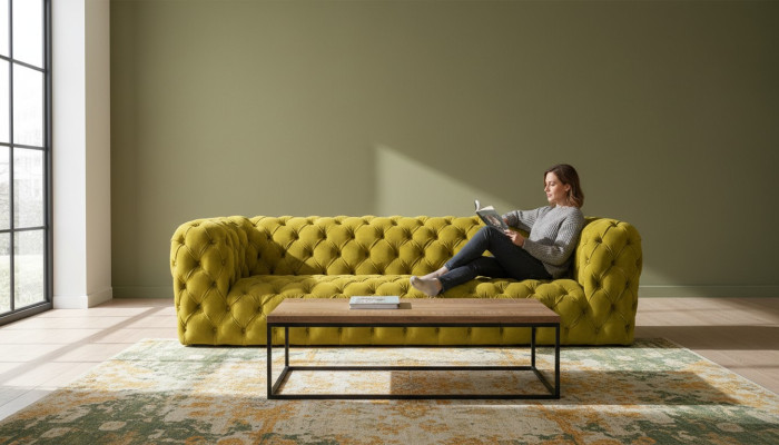 Canapé Chesterfield jaune quatre places XXL canapé grand confortable canapés moelleux neufs.