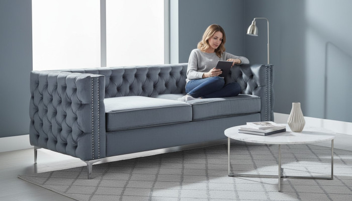 Canapé Chesterfield gris en tissu de luxe Velours Canapé Ensemble de canapés Boutons Rembourrage nouveau