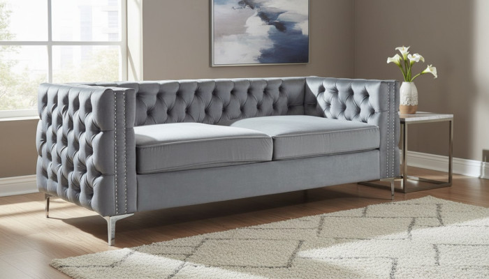 Canapé Chesterfield gris en tissu de luxe Velours Canapé Ensemble de canapés Boutons Rembourrage nouveau