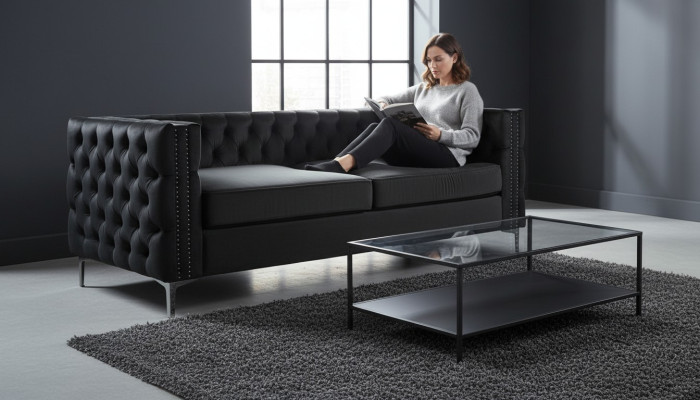 canapé chesterfield noir en velours de luxe, ensemble de canapés en tissu, canapés rembourrés neufs