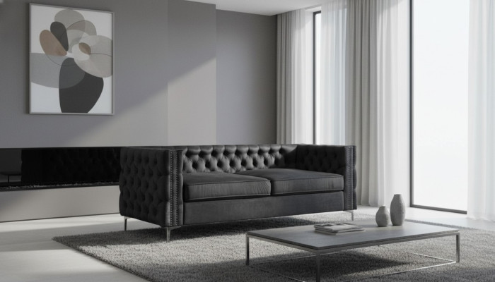 canapé chesterfield noir en velours de luxe, ensemble de canapés en tissu, canapés rembourrés neufs