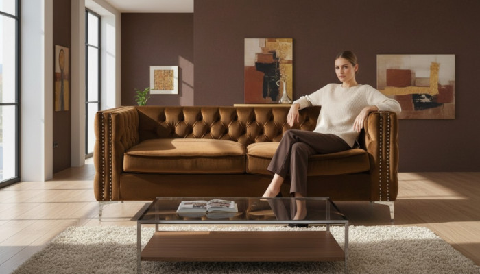 canapé Chesterfield orange en tissu de velours de luxe, ensemble de canapés avec des boutons, rembourrage neuf