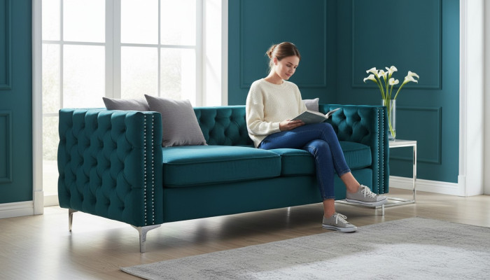 Canapé chesterfield turquoise en velours de luxe, ensemble de canapés, boutons rembourrage nouveau