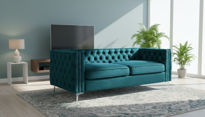 Canapé chesterfield turquoise en velours de luxe, ensemble de canapés, boutons rembourrage nouveau