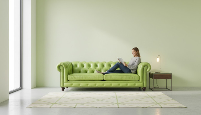Sofa Chesterfield en cuir vert de haute qualité pour le salon, grand, design, 4 places, neuf.