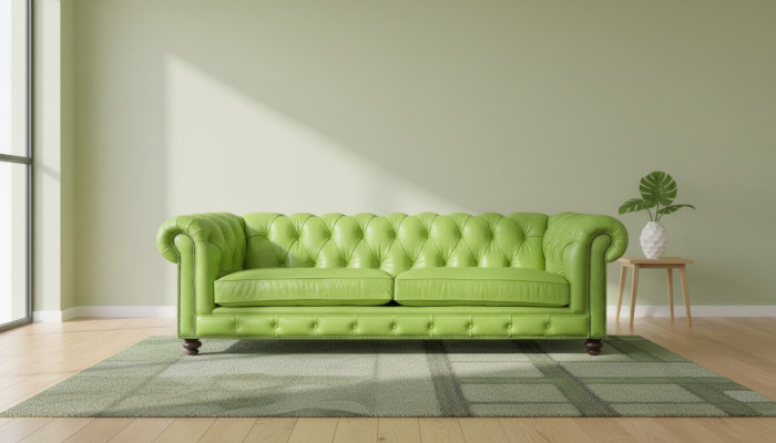 Sofa Chesterfield en cuir vert de haute qualité pour le salon, grand, design, 4 places, neuf.