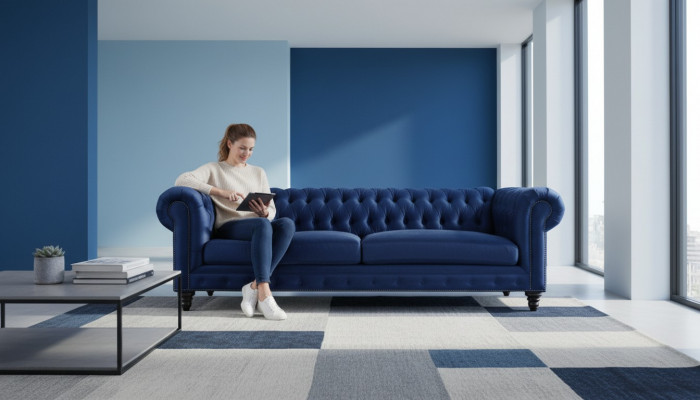 Chesterfield canapé trois places Bleu nouveau Salon Moderne Meubles Créatifs Tissu Textile