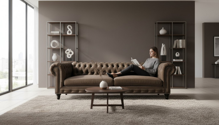 Chesterfield Brown nouveau salon moderne Trois places Mobilier créatif Tissu en textile