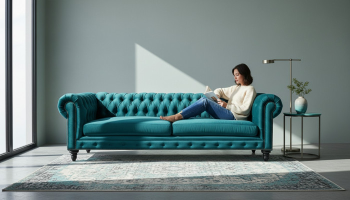 Chesterfield Trois places Meubles créatifs Tissu textile Bleu vert Salon Moderne