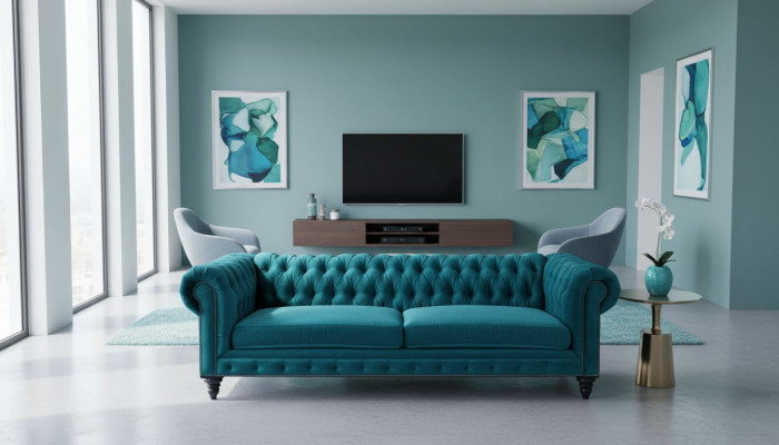 Chesterfield Trois places Meubles créatifs Tissu textile Bleu vert Salon Moderne